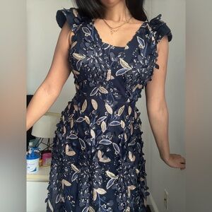 Xscape Navy Dress with Gold Floral Appliqué